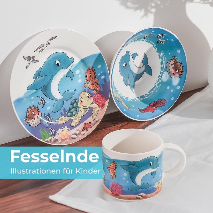 MIAMIO Набір дитячого посуду 3 шт. з порцеляни (Тарілка, Миска, Чашка) - Океан