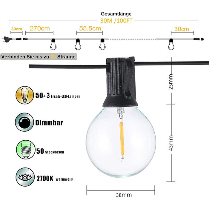Ланцюжок прикрас для дому та саду 30м LED ST45, теплі світлодіоди 2700K, E27, IP65, вологостійкий, для вечірок та святкування