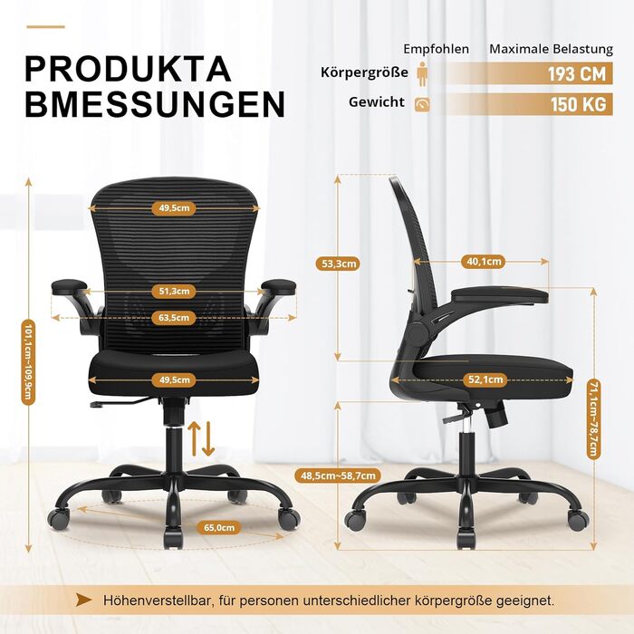 Офісний стілець Synorla ергономічний з підтримкою спини, до 150 кг, поворотний, чорний