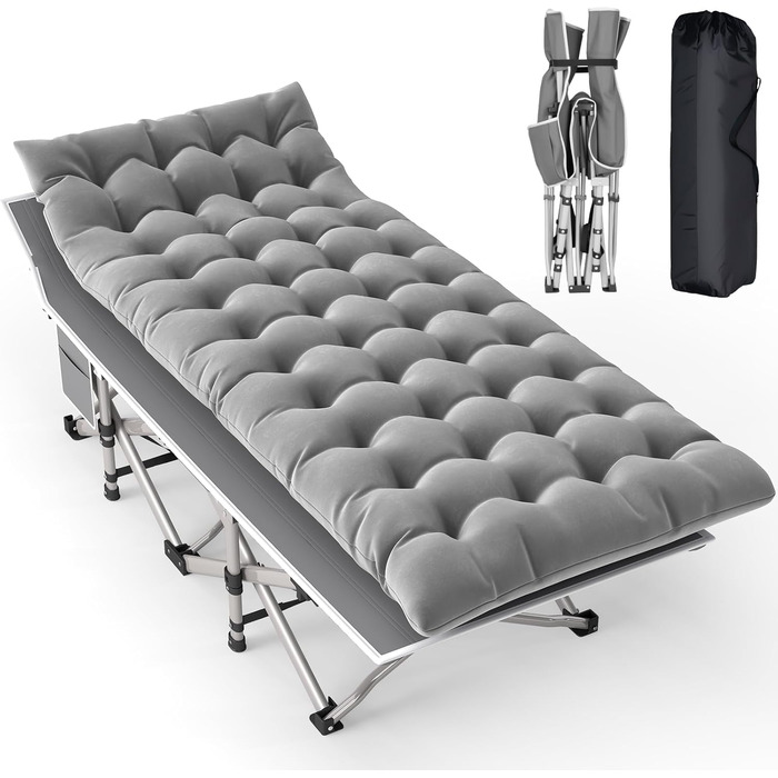 Розкладне ліжко для кемпінгу з матрацом та сумкою-переноскою, посилене (до 208 кг), XL 190x71x35 см, сіре