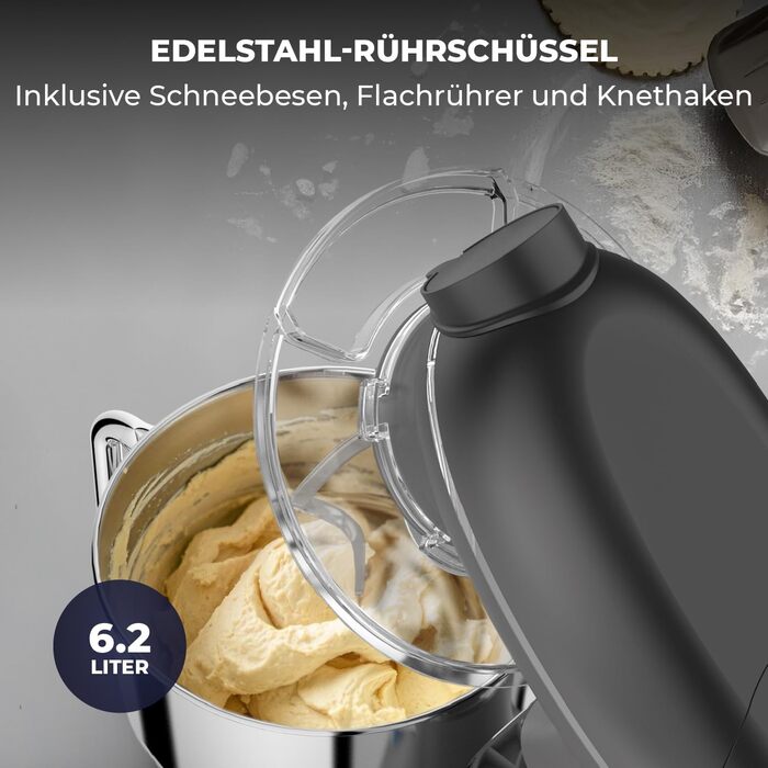 Кухонна машина з тістомісом та спагетницею – 2000W, з нержавіючою сталею, 6.2L, сірий колір