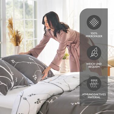 Комплект постільної білизни Dreamzie 200x200 см з 2 наволочками 80x80 см, сірий гілковий малюнок, для дорослих, 100% мікрофібра, сертифікат Oeko TEX