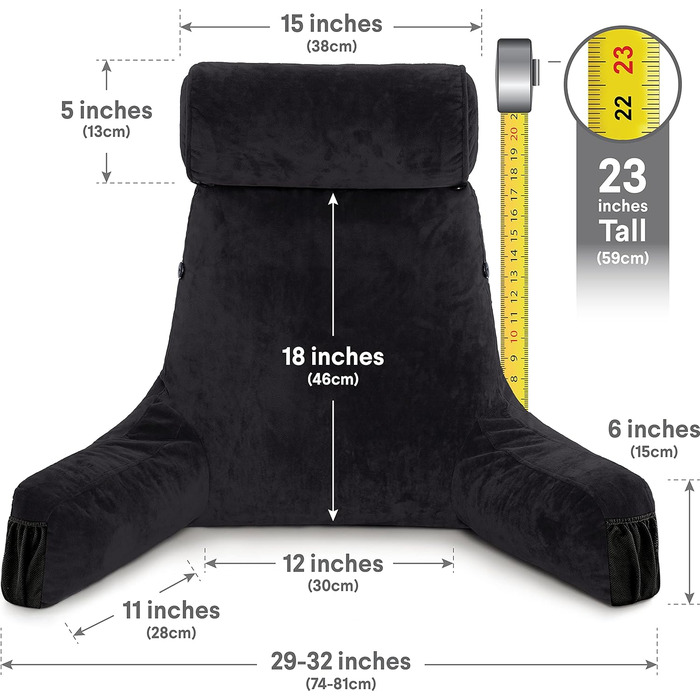 Подушка для чоловіків - сіра, велика, з підлокітниками для читання та відпочинку в ліжку - висока спинка з преміум-піною Memory, знімний валик для шиї на Bungee - середній розмір, оригінальна версія, чорний колір