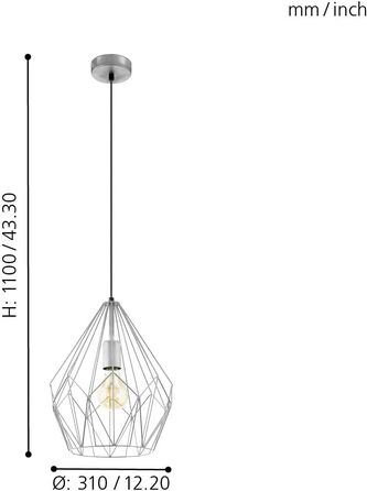 Підвісний світильник EGLO Carlton, вінтажний підвісний світильник на 1 полум'я, підвісний світильник ретро з металу в матовому кольорі, цоколь E27 (сріблястий)