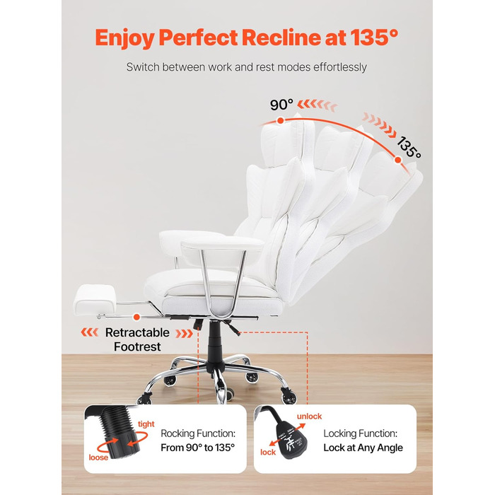 Крісло офісне VEVOR з PU шкірою, біле, для начальника з підніжкою, регульоване по висоті, до 181,43 кг, 860 x 610 мм, поворотне