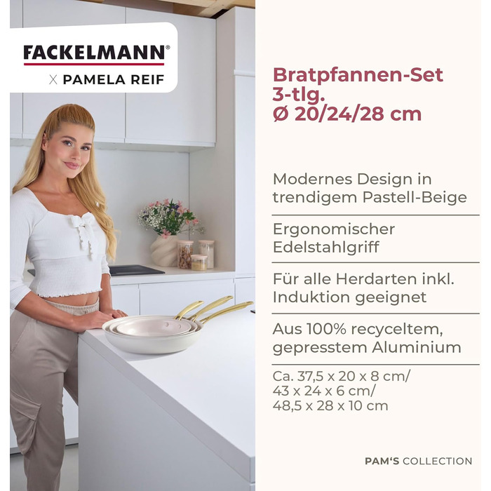 Набір сковорідок Fackelmann x Pamela Reif 3 шт. (20, 24, 28 см) – з переробленого алюмінію, бежевий, керамічне покриття без PFAS, стійке до 160°C, для всіх типів плит