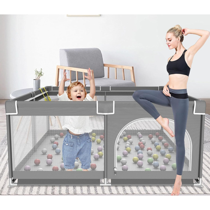 Дитячий ігровий центр/манеж Laufstall, 120x120 см, з ігровою килимком, складний, сітчасті бортики, з фіксаторами (сірий)