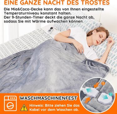 Електрична ковдра Mia&Coco з автовимкненням, 10 температурних режимів, таймер до 9 годин, захист від перегріву, фланель, 130x160 см, сіра