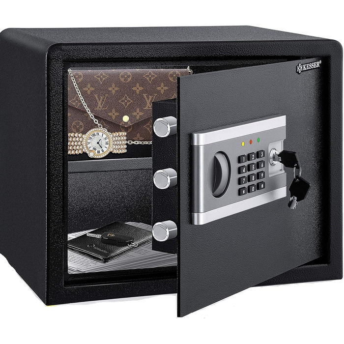 Електронний сейф KESSER® | 38x30x30 см | Вбудована батарея | Сейф з цифровим замком | 3-х рівнева замикаюча система | Настінний/підлоговий сейф | Сейф для дому | Внутрішнє освітлення | Чорний |