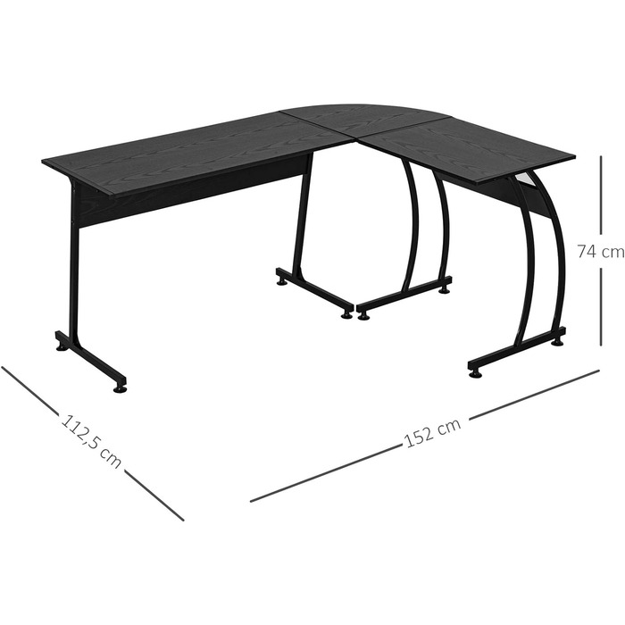 Комп'ютерний стіл HOMCOM L-подібної форми Кутовий письмовий стіл Робочий стіл Мінімалістичний ДСП Металева компактна ігрова ПК Робоча станція для домашнього офісу Чорний 112,5 x 152 x 74 см