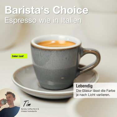 Набір еспресо-чашок Homeberlin® Barista Pro: 4 чашки по 80 мл з підставками, преміум якість, ручна робота, глазур з листом