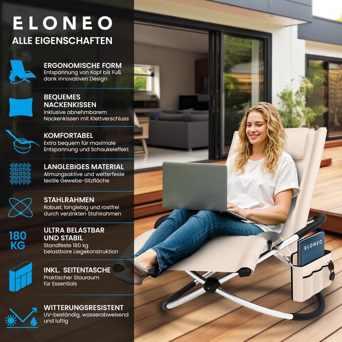 Крісло-гойдалка ELONEO для вулиці з кишенею, розслаблююче крісло до 180 кг, стійке до погодних умов, шезлонг для саду та балкону (з подушкою, кремово-антрацитовий)