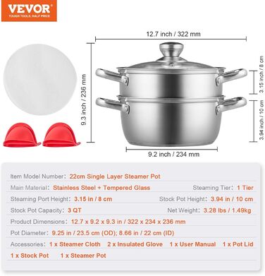 Пароварка VEVOR 22 см з нержавіючої сталі зі скляною кришкою, 1 ярус, для овочів, риби, супу, пельменів