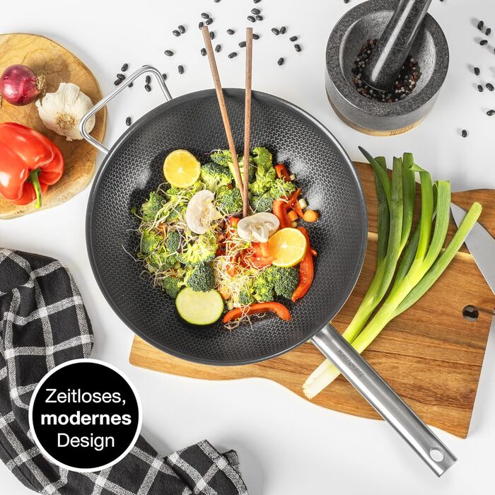 Вафельниця Moritz & Moritz з нержавіючої сталі 30 см з керамічним покриттям нового покоління - підходить для всіх типів плит - антипригарний вок з комірчастою структурою для смаження, тушкування та варіння без кришки