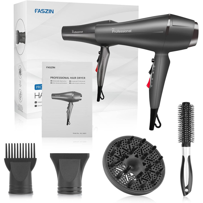 Фен для волосся Faszin Ion Professional Hair Фен - Супер швидкий фен з термостійкою технологією Triple-L Plus, з 4 аксесуарами для укладання світло-сірий