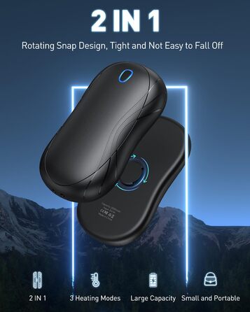 Електричні грілки для рук Cnkeeo 2 шт. з роздільним магнітним з'єднанням, Powerbank USB, 3 режими нагріву, для активного відпочинку, риболовлі, полювання, чорно-білі (чорний)