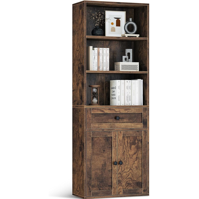 Стелаж Coleshome з дверцятами та шухлядами: 5 полиць, 48x24x164.2 см, для дому, офісу, вітальні, спальні (білий, рустикальний коричневий)