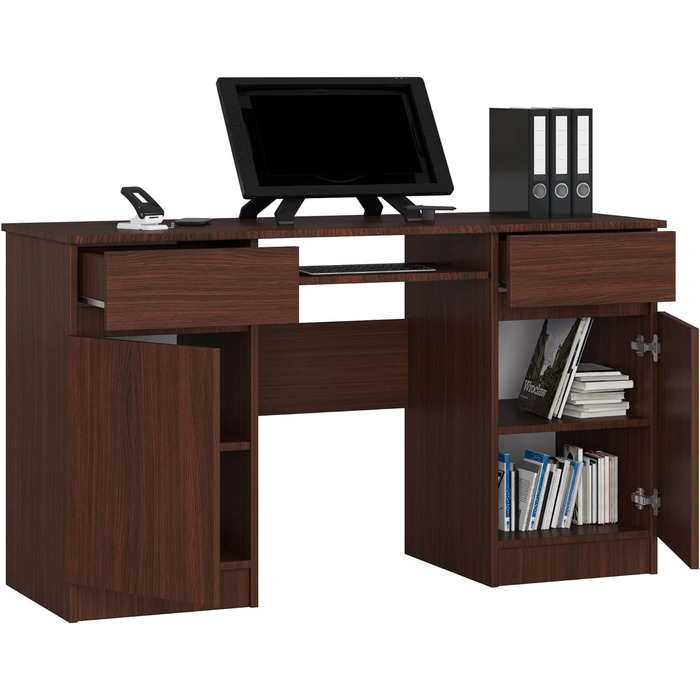 Стіл для ПК A5 з лотком для клавіатури Офісний стіл Комп'ютерний стіл Офісний стіл з лотком для клавіатури 2 шухляди та 2 дверні полиці, W135 x H77 x D50 см, 58 кг (Венге)