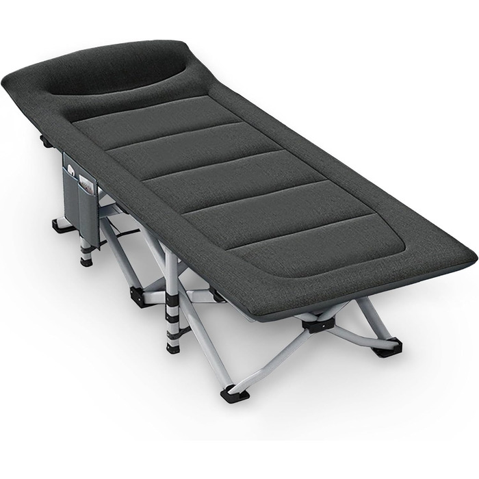 Розкладне кемпінгове ліжко CALIYO з матрацом, 200x80x40 см, витримує до 200 кг, сталевий каркас та тканина Оксфорд, чорне, з сумкою для зберігання