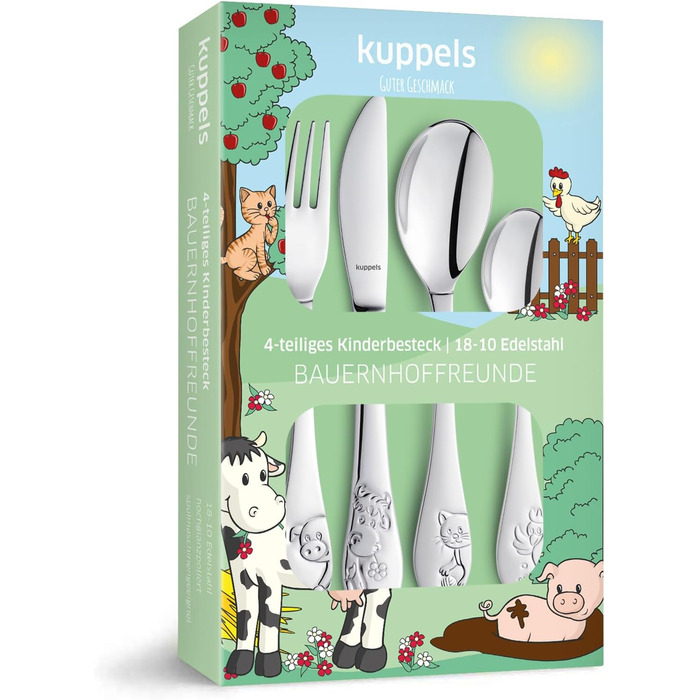 Персоналізований набір дитячого посуду Kinderbesteck (4 предмети) з гравіюванням імені – ніж, виделка, ложка, чайна ложка. Ідеальний подарунок на народження, хрещення, день народження (для любителів фермерської тематики)