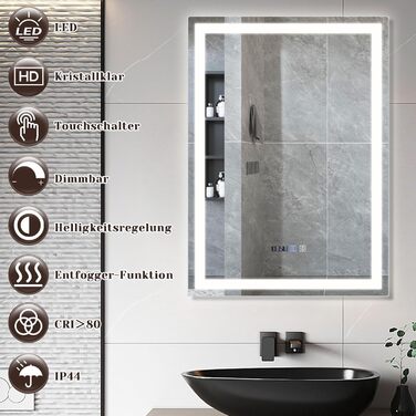 Дзеркало для ванної кімнати Mursche з підсвічуванням LED, 50x70 см, IP44, сенсорний вимикач, годинник, антизапар, регулювання яскравості 3000K-6500K