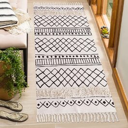 Бавовняний килим SHACO, ворсистий бавовняний килим, що миється ретро-килим з принтом, білий, чорний килим, бігун, килим для передпокою з пензликами, килими в стилі бохо для вітальні, спальні, вхідних дверей, 60x130 см (60x90 см)