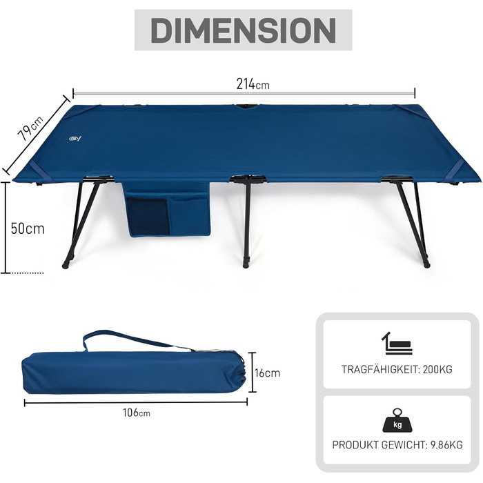 Розкладне польове ліжко EVER ADVANCED XXL для кемпінгу, 200 кг, 214x79x50 см, з бічною кишенею, міцне та портативне для кемпінгу, подорожей, саду, використання на вулиці та в приміщенні