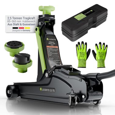 Підйомник гідравлічний Juskys 2.5 т, сталевий, 85-390 мм, з кейсом, гумовими накладками та аксесуарами - Чорно-зелений