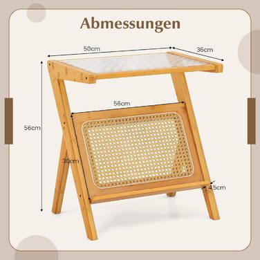Журнальний столик COSTWAY, бамбуковий журнальний столик з тримачем для журналів з ротанга, Z-подібний стіл для вітальні зі стільницею із загартованого скла, 50 x 36 x 56 см натуральний