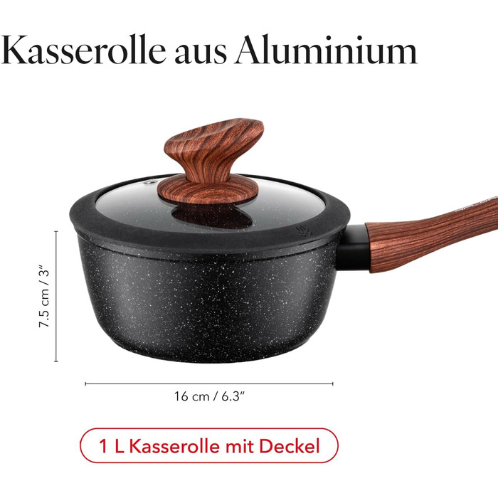 Набір каструль та сковорідок FLORINA Master Black 6 предметів, алюмінієві з кришками, для індукції, газу, електроплити, посудомийна машина