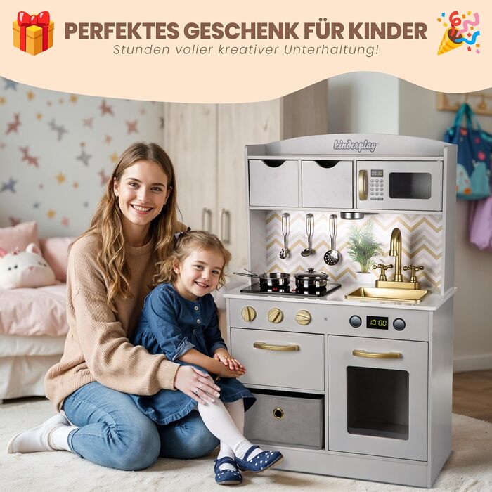 Дерев'яна дитяча кухня Kinderplay з LED та звуками приготування їжі – регульована висота 92–107 см – іграшкова кухня для ролевих ігор від 3 років – повний комплект з аксесуарами, світло-сірий колір Elegant - світло-сірий