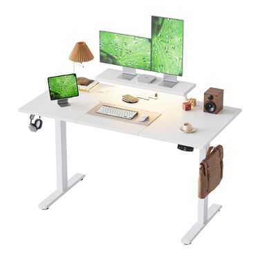 Регульований по висоті письмовий стіл Klicelor 140x60 см з LED-підсвіткою, розетками та підставкою для монітора, білий — ігровий та офісний стіл для роботи стоячи