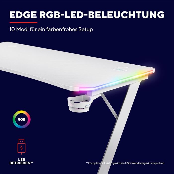 Ігровий стіл Trust Gaming GXT 709W Luminus RGB з підсвічуванням LED, 10 режимів, USB, білий, з тримачем для навушників та напоїв, 120 x 60 см