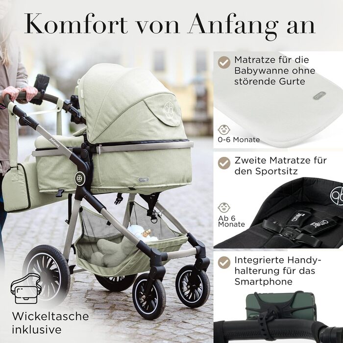 Дитяча коляска 3 в 1 з автокріслом та люлькою | Коляска для новонароджених з 5-точковим ременем безпеки | Кольори: світло-оливковий