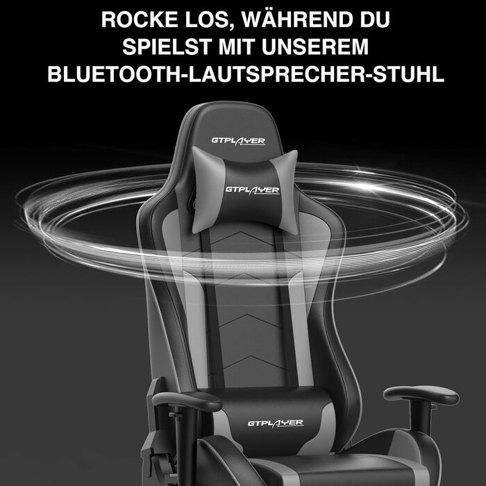 Ігровий крісло GTPLAYER з підніжкою, динаміками та Bluetooth, чорно-сірий офісний/комп'ютерний стілець для дому та офісу