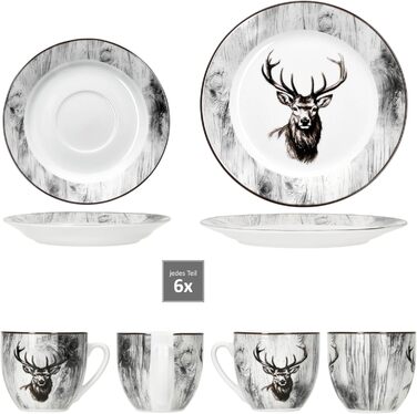MamboCat Alois - кавовий сервіс на 6 осіб, 18 предметів, біле фарфорове посуд з декором оленів, 6 чашок 200 мл, 6 підставок та тарілки для сніданку та кави