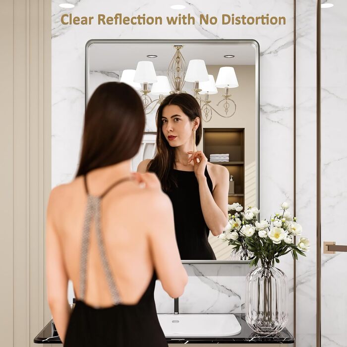 LOAAO Дзеркало для ванної кімнати 61x91.4 см з округлим прямокутним кольоровим каркасом, для макіяжу, настінне, з нержавіючого скла, горизонтальне або вертикальне встановлення (хромована нікель)