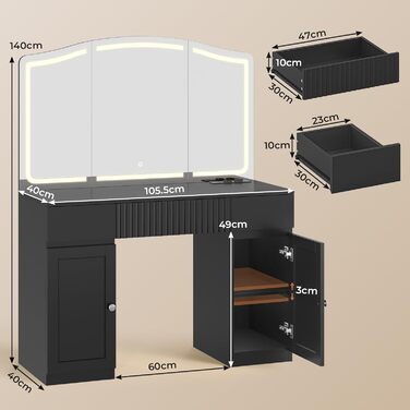 Великий туалетний столик AOGLLATI з великим дзеркалом та регульованою LED-підсвіткою. Косметичний столик з розетками, 3 висувними ящиками та 2 шафками. Сучасний туалетний столик для спальні (білий/чорний)