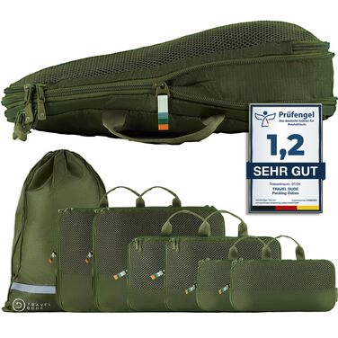 Набір компресійних органайзерів для одягу TRAVEL DUDE (7 предметів), дорожні пакувальні куби з переробленого пластику для валізи та рюкзака, темно-зелений