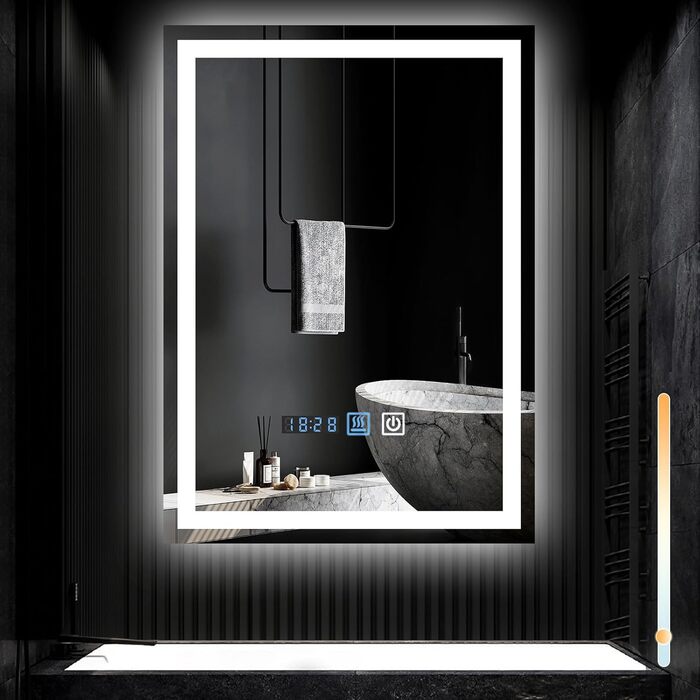 Дзеркало для ванної кімнати Mursche з підсвічуванням LED, 50x70 см, IP44, сенсорний вимикач, годинник, протитуманна функція, регулювання яскравості, 3000K-6500K, прямокутна форма