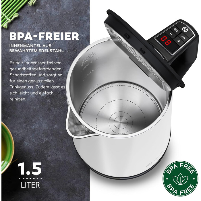 Електричний чайник BALTER з регулюванням температури, 40°C-100°C, подвійні стінки, без BPA, тихий та бездротовий, 1.5L, 2200W, білий