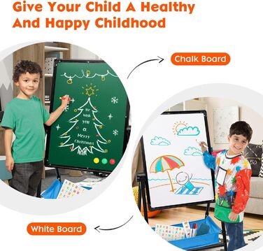 Дитяча мольберт Kinderstaffelei, двосторонній, складний, регульований по висоті, з місцем для зберігання, 360° обертання, мольберт та дошка для малювання з набором літер та цифр, для хлопчиків та дівчаток (Чорний)