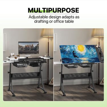 Набір мольбертів Magshion: регульований стіл для художника з нахиленою дерев'яною стільницею, стілець та 2 висувними ящиками для зберігання. Підходить для дому, офісу та школи (білий/чорний)