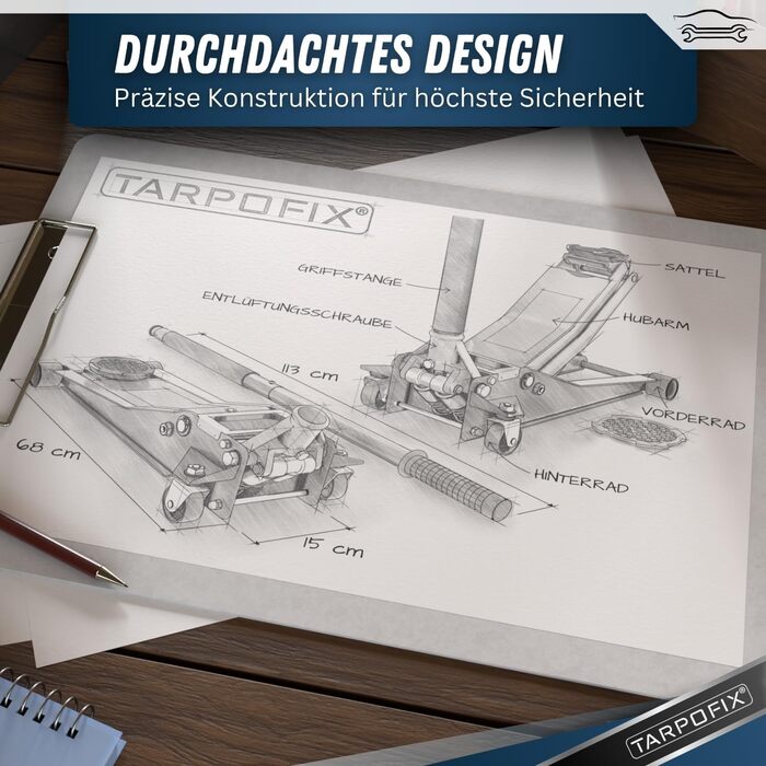 Гідравлічний домкрат Tarpofix® для легкових авто та SUV (3т, 85-475мм), низькопрофільний, подвійний циліндр, червоний