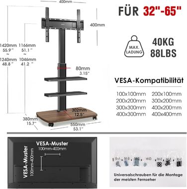 Підставка для телевізора мобільна з поличками Holzablage 32-65 дюйми, чорний/вінтажний коричневий, до 40 кг, VESA 400x400