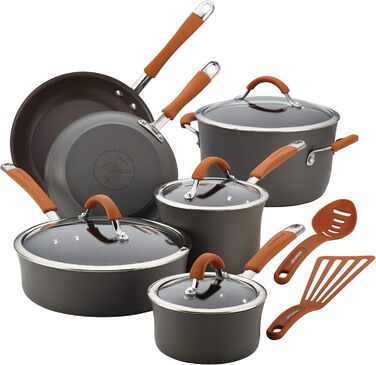 Набір кухонного посуду Rachael Ray Cucina Harteloxiertes, з антипригарним покриттям, з товстого алюмінію (сірий з помаранчевими ручками)