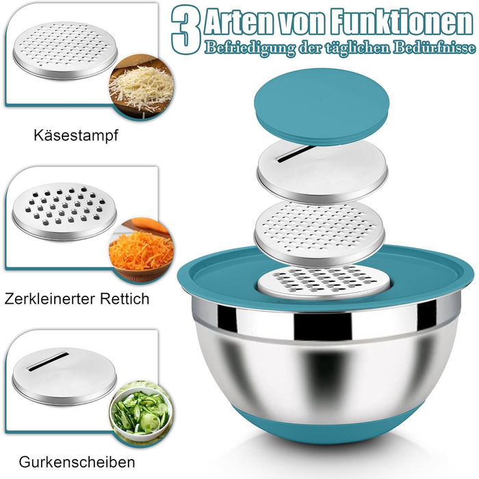 Набір місок Homikit з нержавіючої сталі, 6 шт. з тертками, кришками та силіконовим дном, 4.6L/2.8L/2.5L/1.6L/1.2L/0.7L, блакитний