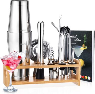Набір для коктейлів Boston Cocktail Set 16 предметів з нержавіючої сталі, професійний, 600/450 мл, з аксесуарами для бару, бамбуковий підставка, подарунковий набір