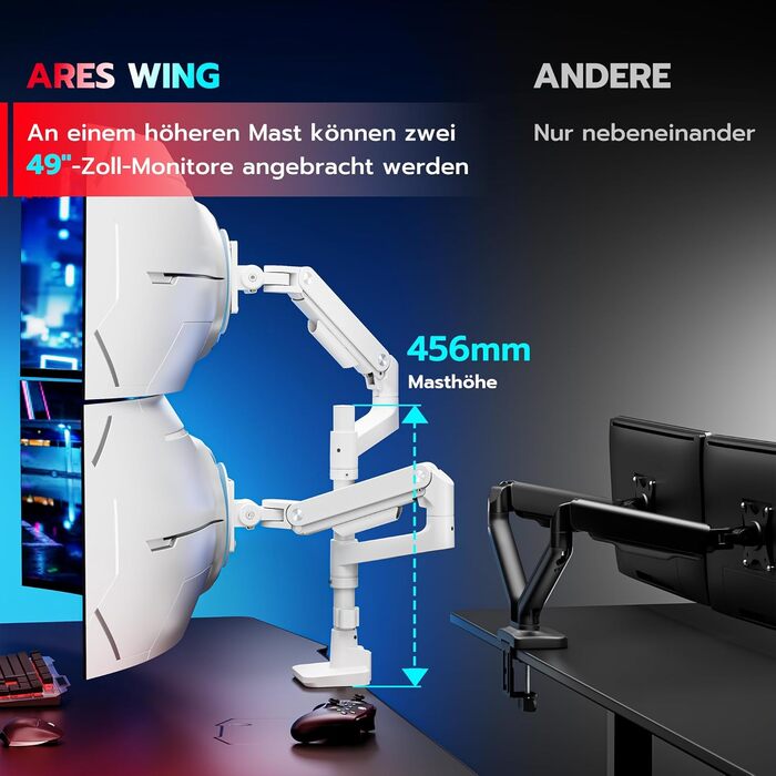 Кріплення для монітора ARES WING для 2 моніторів, 17-49 дюймів, газ-амортизатор, регулювання висоти, поворотний, VESA 75/100 мм, 2-20 кг, білий
