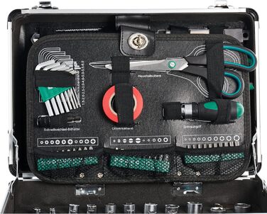 Набір інструментів Brüder Mannesmann 90 предметів в алюмінієвому кейсі M29067: плоскогубці, викрутки, тріскачка, тестер напруги